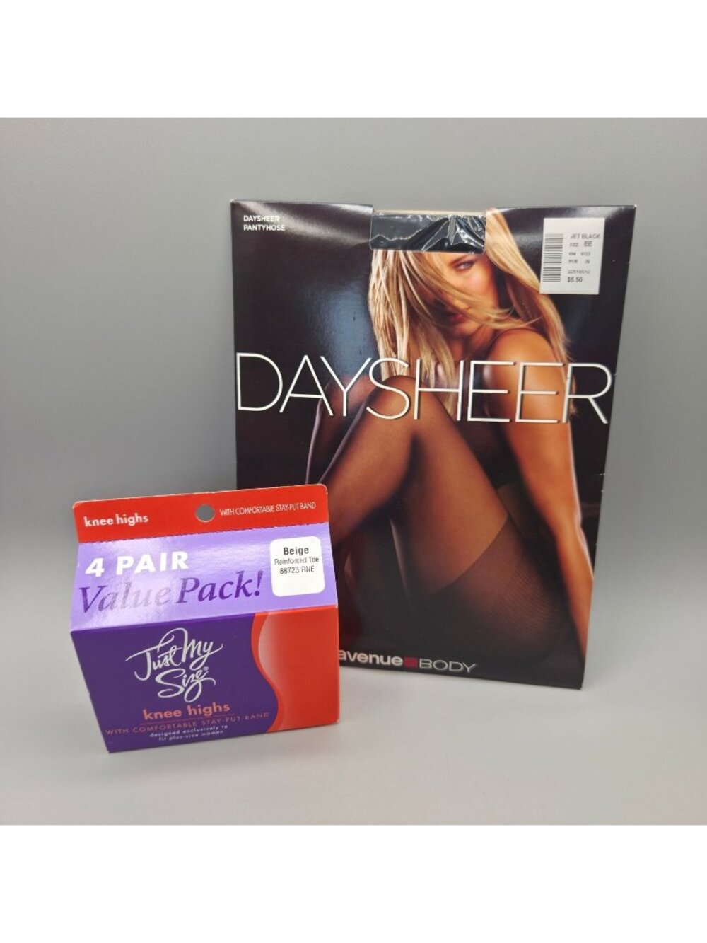 Plus Size Day Sheer Pantyhose Jet Black EE & Just My Size Beige Knee High 4 Pack